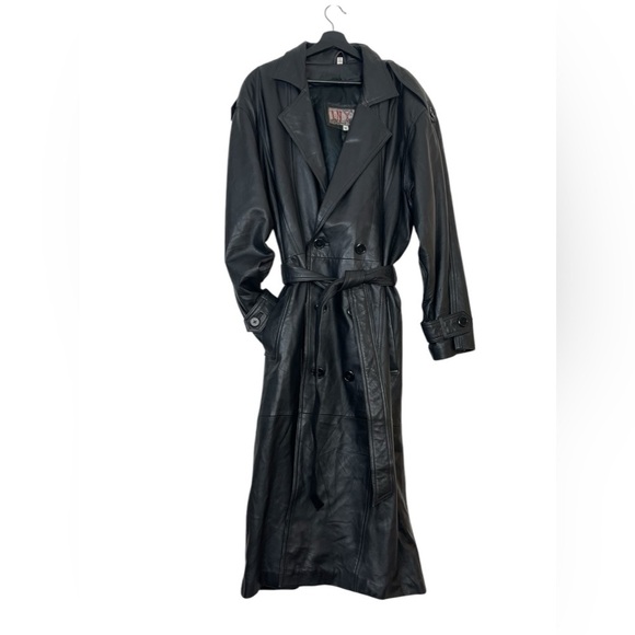 Vintage 90s Y2K Long Black Belted Leather Trench Coat With Removable Liner L/XL - Picture 3 of 15